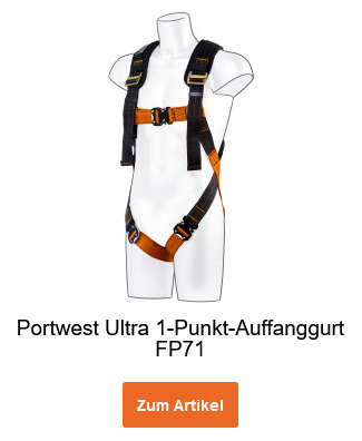 Portwest Ultra 1-Punkt-Auffanggurt FP71 in Orange-Schwarz mit hinterlegtem Link zum Artikel.