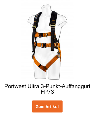 Portwest Ultra 3-Punkt-Auffanggurt FP73 in Orange-Schwarz mit hinterlegtem Link, der zur Artikelseite führt.