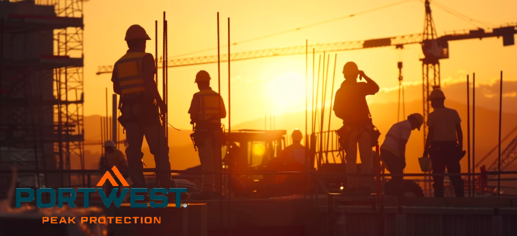 Baustelle mit Kran, Gerüst und mehreren Arbeitern in kurzer Sommer-Arbeitskleidung. Im Hintergrund sieht man die Sonne untergehen. Alles ist in oranges Licht getaucht. Im linken unteren Bildeck befindet sich das Logo des Herstellers Portwest in blauer und oranger Schrift. 