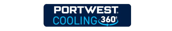 Smbol der Portwest Cooling 360 Grad-Technologie in verschiedenen Blautönen und Weiß.