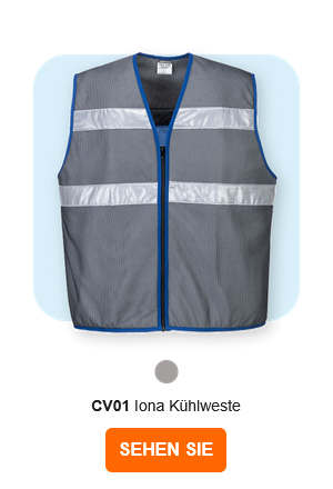Bild der CV01 Iona Kühlweste in Grau mit Reflexstreifen und blauen Details. Ein Link zur Artikelseite ist hinterlegt.