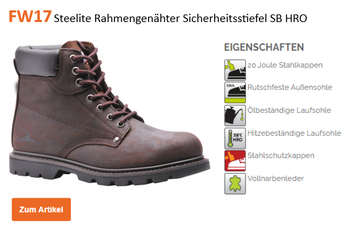 Beispielbild des Steelie Rahmengenähten Sicherheitsstiefels SB HRO FW17 aus braunem Nubuk-Leder nebst einer Auflistung der Artikeleigenschaften und einem orangen Button mit hinterlegtem Link zum Artikel.