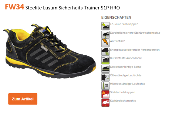 Beispielbild des Steelite Lusum Sicherheits-Trainers S1P HRO FW34 in Schwarz-Gelb mit einer Liste der Eigenschaften und einem orangen Button, der über den hinterlegten Link zur Artikelseite des Schuhs führt.