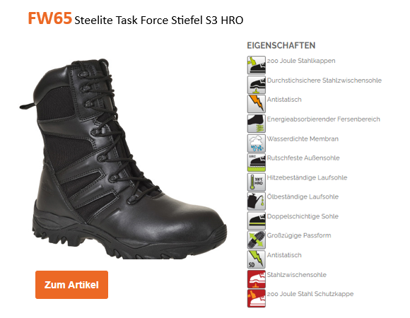 Beispielbild des Steelite Task Force Stiefels S3 HRO FW65 in Schwarz nebst einer Liste mit den Eigenschaften und einem orangen Button, der zur Artikelseite des Stiefels führt.