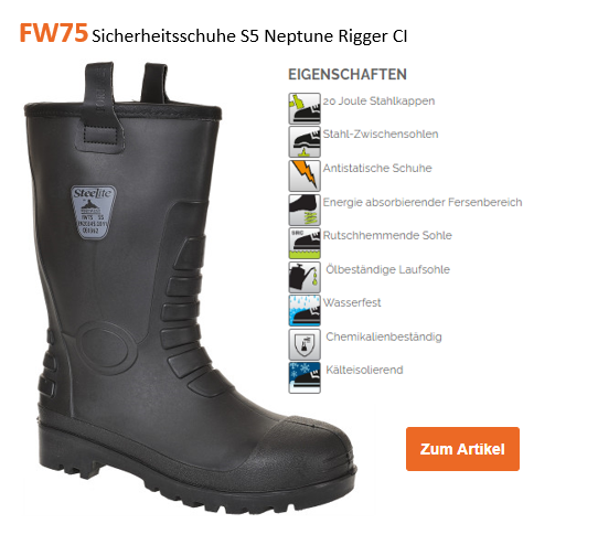 Beispielbild des Sicherheitsschuhs S5 Neptune Rigger CI FW75 in Schwarz nebst einer Liste der Artikeleigenschaften und einem Button in Orange, der zur Artikelseite weiterleitet.