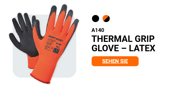 Beispielbild des Thermo Grip Handschuhs A140 in Orange/Grau mit hinterlegtem Link zum Artikel.