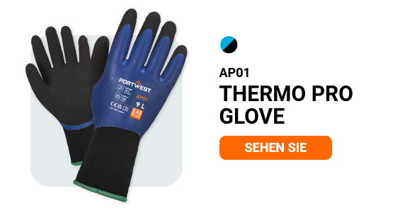 Beispielbild des Thermo Pro Handschuhs AP01 in Blau/Schwarz mit hinterlegtem Link zum Artikel.