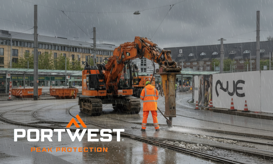 Bauarbeiter in leuchtend oranger wetterfester Schutzkleidung von Portwest arbeitet bei Regen mit einem gro&szlig;en Bagger auf einer Stra&szlig;enbahn-Baustelle. Das Logo von Portwest mit dem Slogan &sbquo;Peak Protection&lsquo; ist im Vordergrund sichtbar. Die Szene zeigt robuste Arbeitskleidung f&uuml;r den Einsatz bei schlechtem Wetter. Ein Link zu unseren Regenjacken ist hinterlegt.