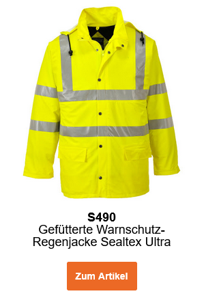 Bild der Gefütterten Warnschutz-Regenjacke Sealtex Ultra S490 in Gelb mit Reflexstreifen. Ein Link zur Artikelseite ist hinterlegt.
