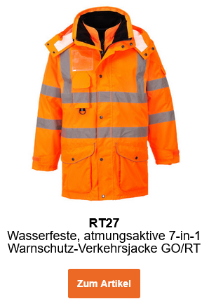 Bild der Wasserfesten, atmungsaktiven 7-in-1 Warnschutz-Verkehrsjacke GO/RT RT27 in Orange. Ein Link zur Artikelseite ist hinterlegt.