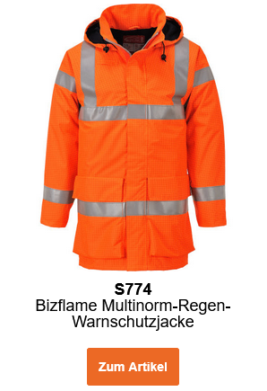 Bild der leichten Bizflame Multinorm Regen-Warnschutzjacke S774 in Orange mit Reflexstreifen. Ein Link zur Artikelseite ist hinterlegt.