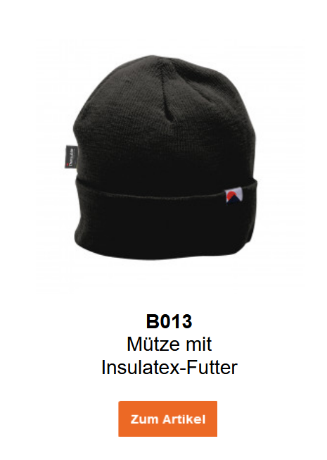 Bild der Mütze mit Insulatex-Futter B013 in Schwarz. Ein Link zur Artikelseite ist hinterlegt.