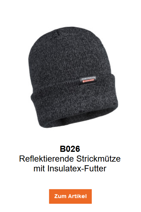 Bild der reflektierenden Strickmütze mit Insulatex-Futter B026 in Grau. Ein Link zur Artikelseite ist hinterlegt.