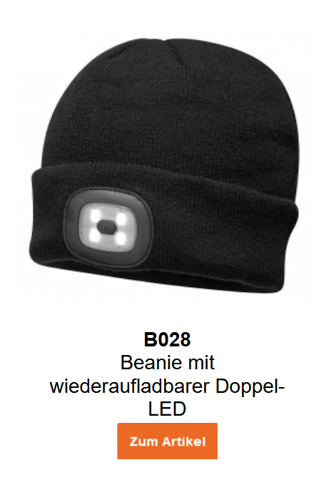 Bild des Beanies mit wiederaufladbarer Doppel-LED B028 in Schwarz. Ein Link zur Artikelseite ist hinterlegt.