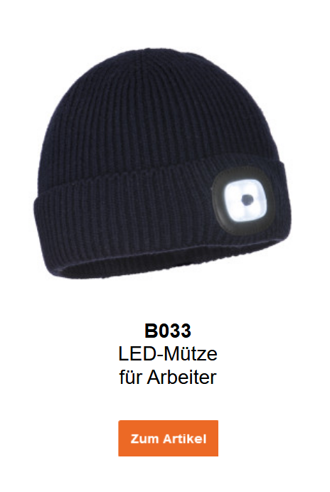 Bild der LED-Mütze für Arbeiter B033 in Schwarz. Ein Link zur Artikelseite ist hinterlegt.