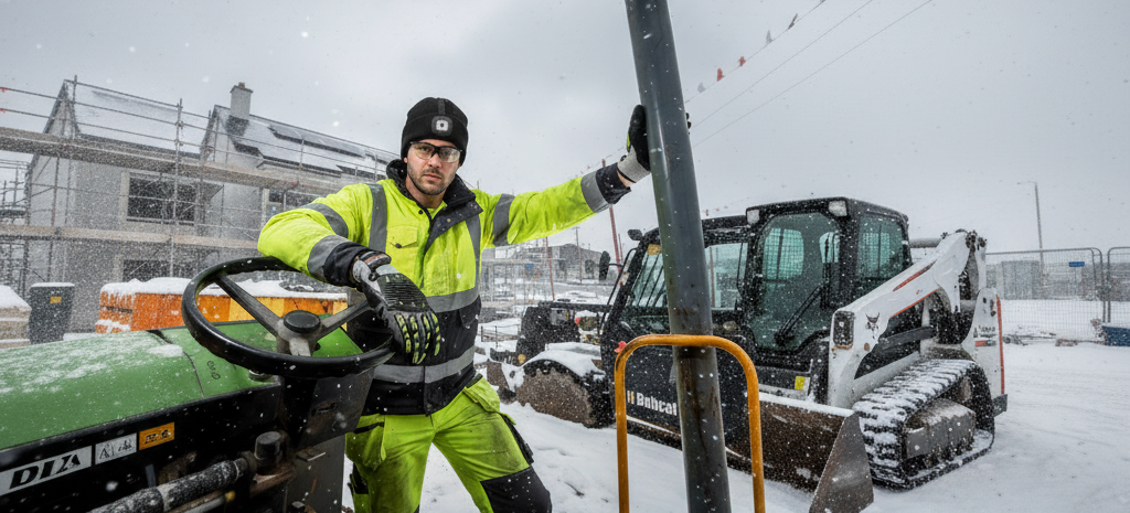 Bauarbeiter mit Winterjacke, reflektierender Warnschutzkleidung und LED-Mütze arbeitet im Schnee auf einer Baustelle.