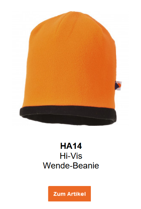 Bild der Hi-Vis Wende-Beanie HA14 in Orange mit schwarzem Innenmaterial. Ein Link zur Artikelseite ist hinterlegt.