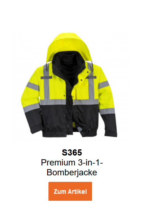 Bild der Premium 3-in-1-Bomberjacke S365 in Gelb mit schwarzen  Details und Reflexstreifen. Ein Link zur Artikelseite ist hinterlegt.