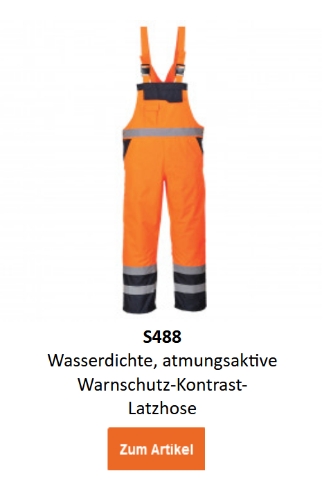 Bild der wasserdichten, atmungsaktiven Warnschutz-Kontrast-Latzhose S488 in Orange mit schwarzen Details und Reflexstreifen. Ein Link zur Artikelseite ist hinterlegt.