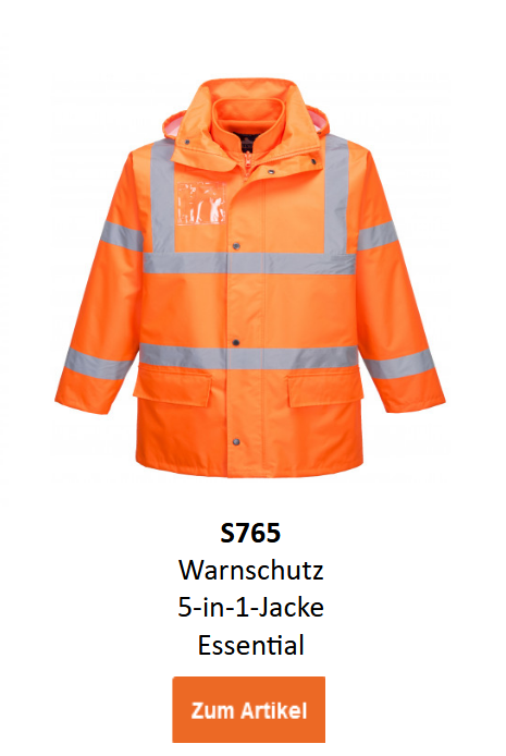 Bild der Warnschutz 5-in-1-Jacke Essential in Orange mit schwarzen Details und Reflexstreifen. Ein Link zur Artikelseite ist hinterlegt.