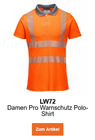 Bild des Pro Warnschutz Polo-Shirts LW72 in Orange mit reflektiereden Streifen. Ein Link zum Artikel ist hinterlegt.
