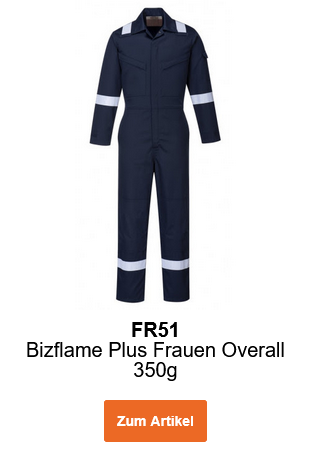 Bild des Bizflame Plus Frauen Overalls 350g FR51 in Blau mit reflektierenden Streifen. Ein Link zum Artikel ist hinterlegt.
