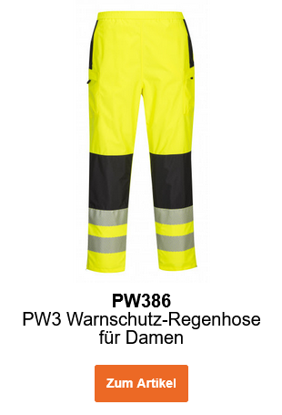 Bild der PW3 Warnschutz-Regenhose für Damen PW386 in Gelb mit reflektierenden Streifen und schwarzen Details. Ein Link zum Artikel ist hinterlegt.