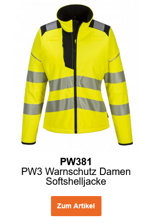 Bild der PW3 Warnschutz Damen Softshelljacke PW381 in Gelb mit reflektierenden Streifen und schwarzen Details. Ein Link zum Artikel ist hinterlegt.