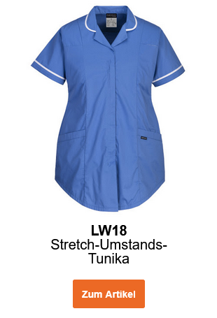 Bild der Stretch-Umstands-Tunika LW18 in Blau mit weißen Bündchen an Ärmel und Kragen. Ein Link zur Artikelseite ist hinterlegt. 