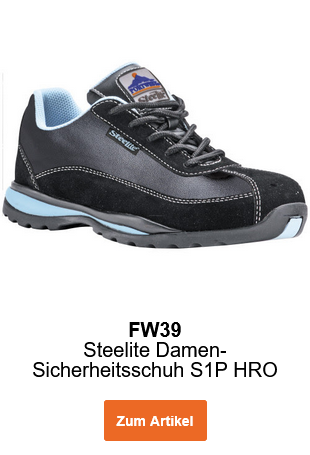 Bild des Steelite Damen-Sicherheitsschuhs S1P HRO FW39 in Schwarz mit blauen Details. Ein Link zur Artikelseite ist hinterlegt. 