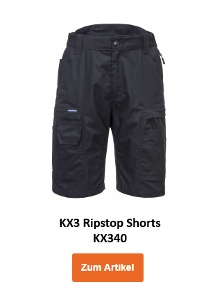 Bild der KX3 Ripstop Shorts KX340 in Schwarz mit hinterlegtem Link zum Artikel.