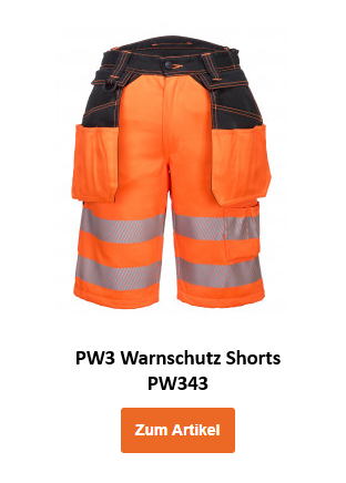 Bild der PW3 Warnschutz Shorts PW343 in Orange mit Relfexstreifen, schwarzen Details und hinterlegtem Link zum Artikel.