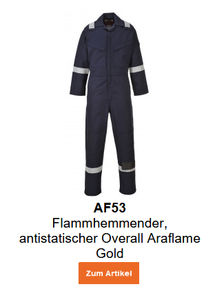 Bild des flammhemmenden, antistatischen Overalls Araflame Gold AF53 in Blau mit hinterlegtem Link zur Artikelseite.