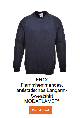 Bild des flammhemmenden, antistatischen Langarm-Sweatshirts Modaflame FR12 in Blau mit hinterlegtem Link zur Artikelseite. 