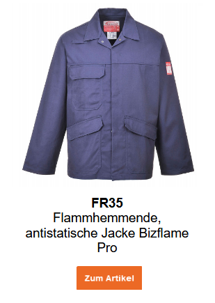 Bild der flammhemmenden, antistatischen Jacke Bizflame Pro FR35 in Blau mit hinterlegtem Link, der zur Artikelseite führt.