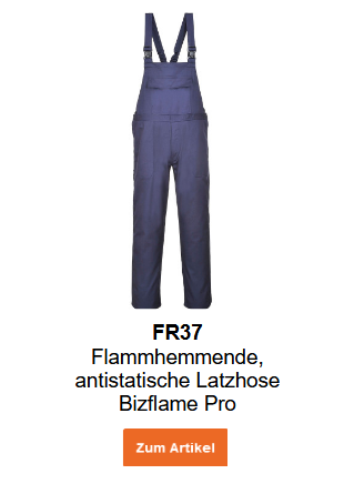Bild der flammhemmenden, antistatischen Latzhose Bizflame Pro FR37 in Blau mit hinterlegtem Link, der zur Artikelseite führt.