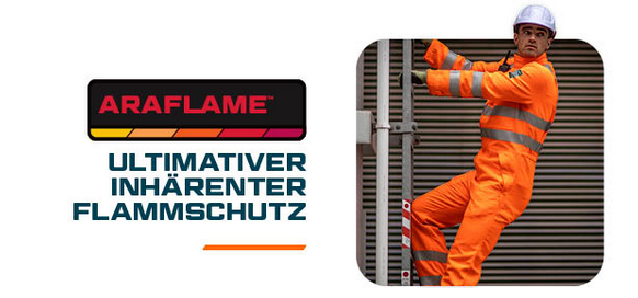 Schwarz-rot-oranges Logo der Araflame-Kollektion mit der Überschrift: Ultimativer, inhärenter Flammschutz. Daneben befindet sich ein quadratisches Bild eines Arbeiters in oranger Schutzkleidung und weißem Schutzhelm, der eine Leiter hochsteigt. Ein Link zu unseren Artikeln der Araflame-Kollektion ist hinterlegt.