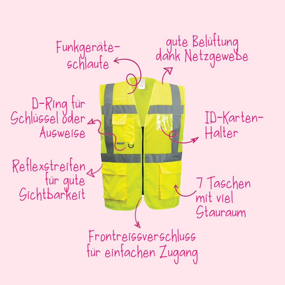&Uuml;bersicht der Eigenschaften der Executive Warnschutz-Netzweste Madrid C496 mit hinterlegtem Link zur Artikelseite, auf der s&auml;mtliche Informationen zum Artikel zu finden sind.