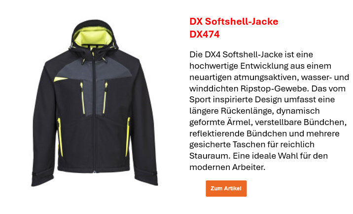 Bild der DX4 Softshell-Jacke DX474 in Schwarz mit grauen und gelben Details nebst einer Beschreibung der wichtigsten Artikeleigenschaften, die auf der Artikelseite nachzulesen sind. Ein Link zur Artikelseite ist hinterlegt.