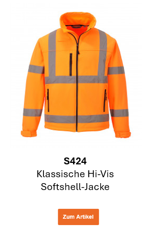 Bild der Klassischen Hi-Vis Softshell-Jacke S424 in Orange mit Reflexstreifen. Ein Link zur Artikelseite ist hinterlegt.