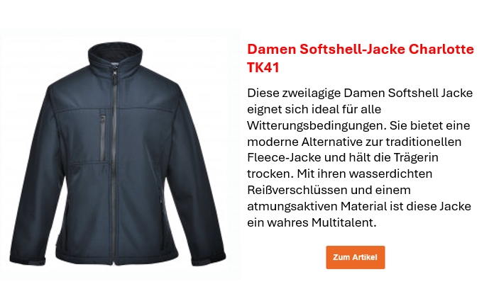 Bild der Damen Softshell-Jacke Charlotte TK41 in Blau nebst einer Beschreibung der wichtigsten Artikeleigenschaften, die auf der Artikelseite nachzulesen sind. Ein Link zur Artikelseite ist hinterlegt.