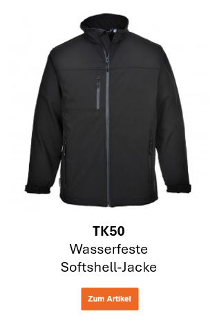 Bild der Wasserfesten Softshell-Jacke TK50 in Schwarz. Ein Link zur Artikelseite ist hinterlegt.