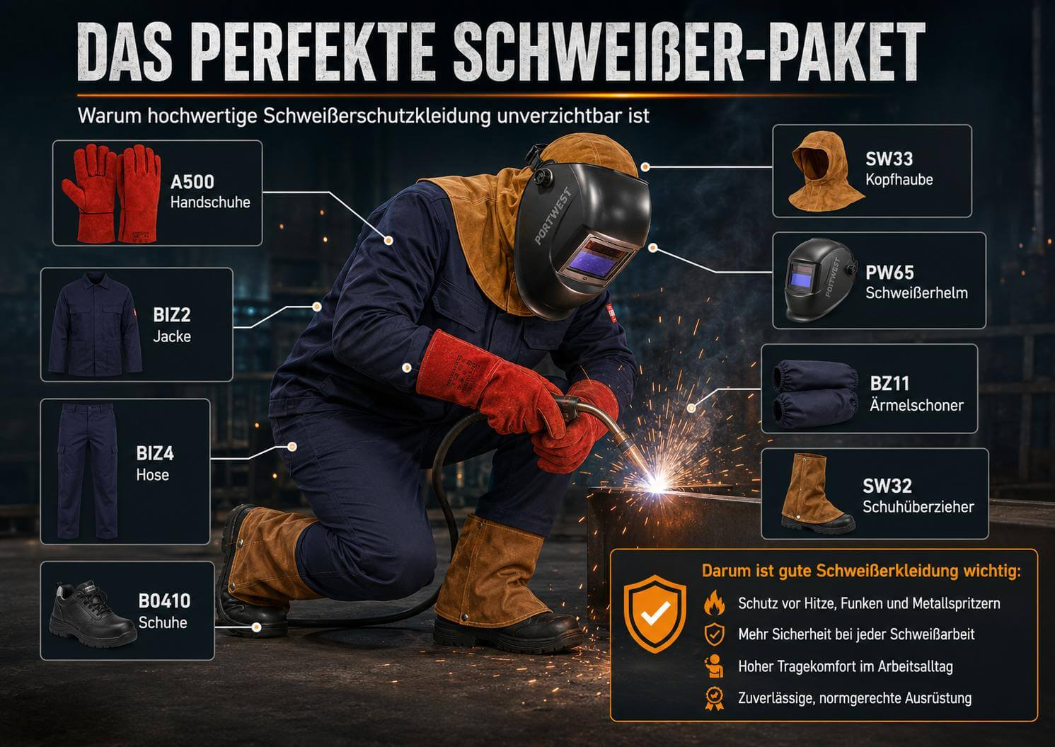 Das perfekte Schwei&szlig;er-Paket mit A500 Handschuhen, BIZ2 Jacke, BIZ4 Latzhose, B0410 Sicherheitsschuhen, SW32 Stiefelabdeckungen, PW65 Schwei&szlig;erhelm, BZ11 &Auml;rmelschonern und SW33 Lederhaube