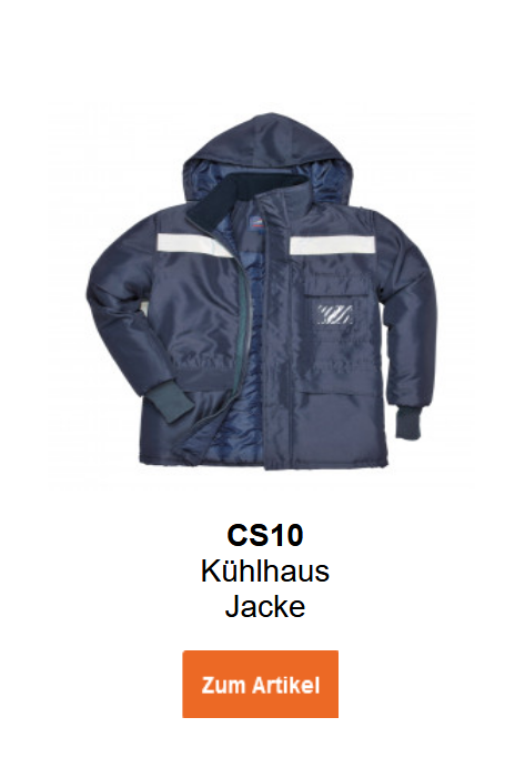 Bild der K&uuml;hlhaus-Jacke CS10 in Blau mit Reflexstreifen. Ein Link zur Artikelseite ist hinterlegt.