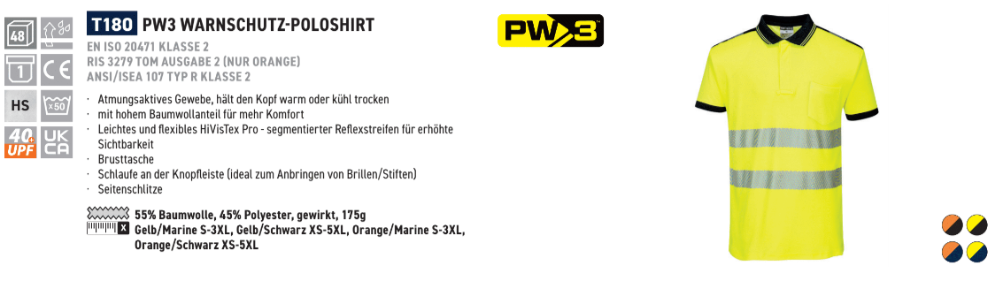 Beispielbild des PW3 Warnschutz Poloshirts T180 in Warngelb mit Reflexstreifen. Hinterlegter Link zum Artikel.