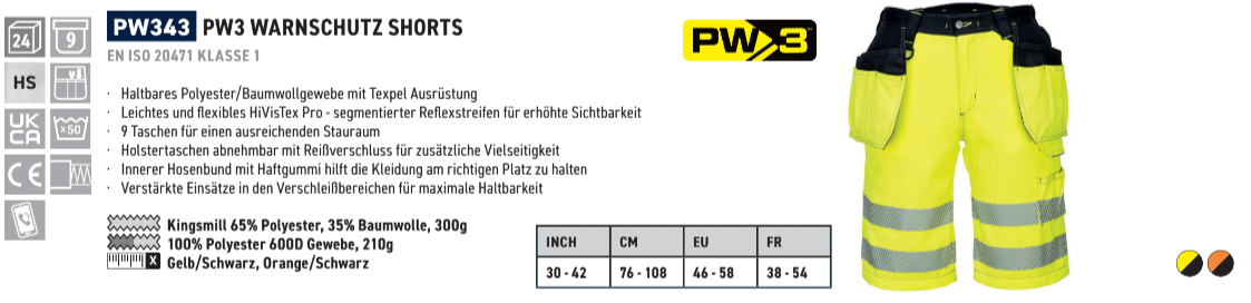 Beispielbild der PW3 Warnschutz Shorts PW343 in Warngelb mit Link zum Artikel.