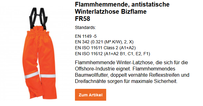 Bild der Flammhemmenden, antistatischen Winterlatzhose Bizflame FR58 in Orange mit schwarzen Hosenträgern und Reflexstreifen an den Knien. Rechts neben dem Bild befindet sich ein Text über die wichtigsten Artikeleigenschaften, die auf der Artikelseite einzusehen sind. Ein Link zur Artikelseite ist hinterlegt.