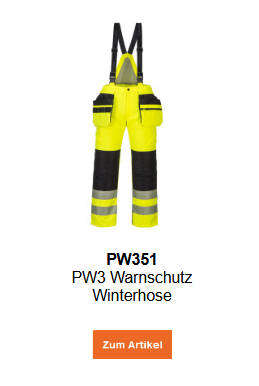 Bild der PW351Warnschutz-Winterhose PW351 in Warngelb mit Reflexstreifen und blauen Details. Ein Link zur Artikelseite ist hinterlegt.