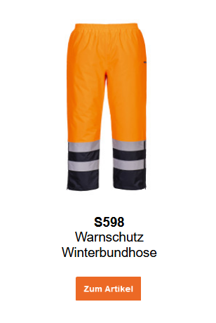 Bild der Warnschutz-Winterbundhose S598 in Orange mit Reflexstreifen und blauen Details. Ein Link zur Artikelseite ist hinterlegt.