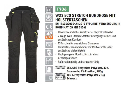 Beispielbild der WX3 Eco Stretch Bundhose mit Holstertaschen in Schwarz T706 mit hinterlegtem Link zum Artikel und kurzer Zusammenfassung der Produkteigenschaften. 